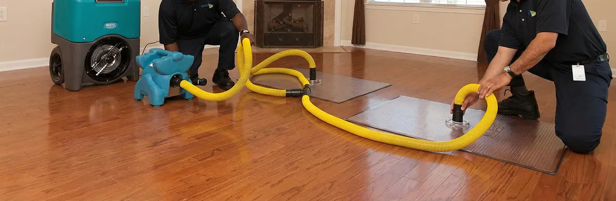 emergency water removal technicians extracting standing water from a home using professional equipment in Columbus, OH