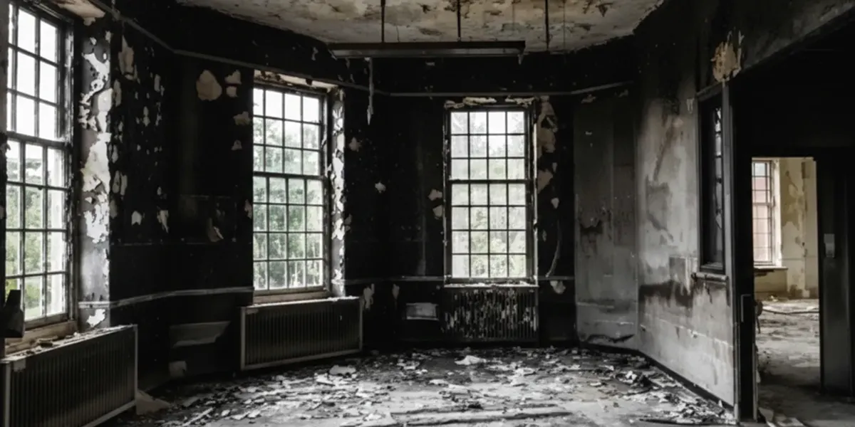 fire damage repair addressing severe interior damage and smoke residue inside a burned home in Columbus, OH